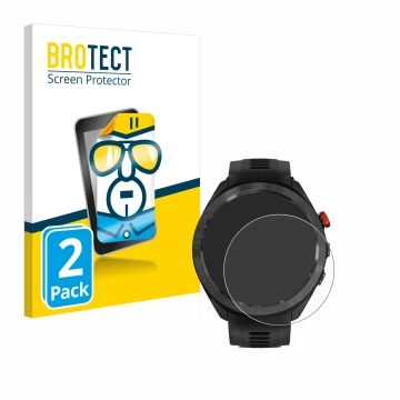 Parte frontal de un envase de producto con el logotipo de la marca BROTECT. Al lado se muestra el dispositivo Garmin Approach 