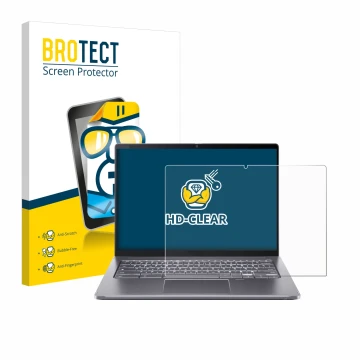 Parte frontal de un envase de producto con el logotipo de la marca BROTECT. Al lado se muestra el dispositivo Acer Chromebook 