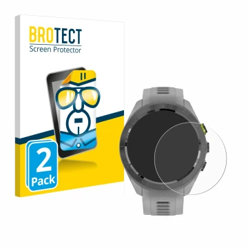 Parte frontal de un envase de producto con el logotipo de la marca BROTECT. Al lado se muestra el dispositivo Garmin Approach 