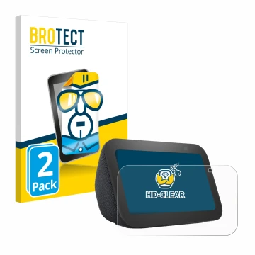 Parte frontal de un envase de producto con el logotipo de la marca BROTECT. Al lado se muestra el dispositivo Amazon Echo Show