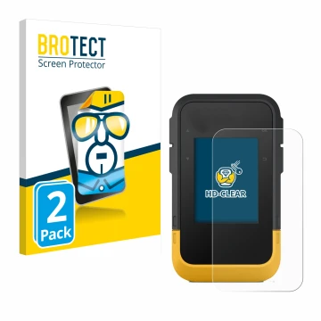 Parte frontal de un envase de producto con el logotipo de la marca BROTECT. Al lado se muestra el dispositivo Garmin eTrex SE 