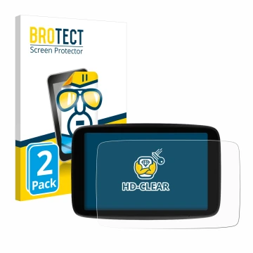Parte frontal de un envase de producto con el logotipo de la marca BROTECT. Al lado se muestra el dispositivo TomTom GO Expert