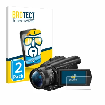 Parte frontal de un envase de producto con el logotipo de la marca BROTECT. Al lado se muestra el dispositivo Sony FDR-AX700 c