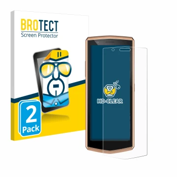 Parte frontal de un envase de producto con el logotipo de la marca BROTECT. Al lado se muestra el dispositivo Cubot Pocket 3 c