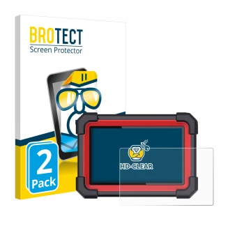 Parte frontal de un envase de producto con el logotipo de la marca BROTECT. Al lado se muestra el dispositivo Launch X-431 CRP