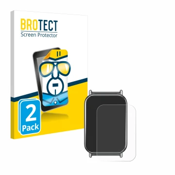 Parte frontal de un envase de producto con el logotipo de la marca BROTECT. Al lado se muestra el dispositivo Xiaomi Mi Band 8