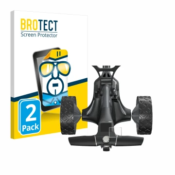 Parte frontal de un envase de producto con el logotipo de la marca BROTECT. Al lado se muestra el dispositivo Motocaddy M7 GPS