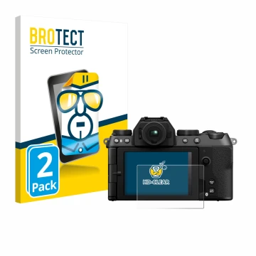 Parte frontal de un envase de producto con el logotipo de la marca BROTECT. Al lado se muestra el dispositivo Fujifilm X-S20 c