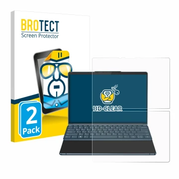Parte frontal de un envase de producto con el logotipo de la marca BROTECT. Al lado se muestra el dispositivo Lenovo Yoga Book