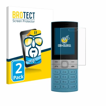 Parte frontal de un envase de producto con el logotipo de la marca BROTECT. Al lado se muestra el dispositivo Nokia 150 (2023)