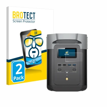 Parte frontal de un envase de producto con el logotipo de la marca BROTECT. Al lado se muestra el dispositivo EcoFlow DELTA 2 