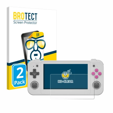 Parte frontal de un envase de producto con el logotipo de la marca BROTECT. Al lado se muestra el dispositivo Anbernic RG505 c