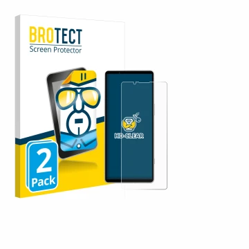 Parte frontal de un envase de producto con el logotipo de la marca BROTECT. Al lado se muestra el dispositivo Sony Xperia 5 V 