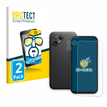 Parte frontal de un envase de producto con el logotipo de la marca BROTECT. Al lado se muestra el dispositivo Fairphone 5 (Fro