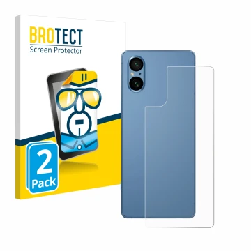 Parte frontal de un envase de producto con el logotipo de la marca BROTECT. Al lado se muestra el dispositivo Sony Xperia 5 V 