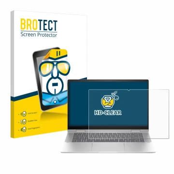 Parte frontal de un envase de producto con el logotipo de la marca BROTECT. Al lado se muestra el dispositivo HP Envy x360 2-i