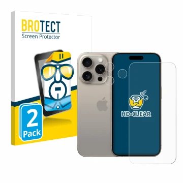 Parte frontal de un envase de producto con el logotipo de la marca BROTECT. Al lado se muestra el dispositivo Apple iPhone 15 