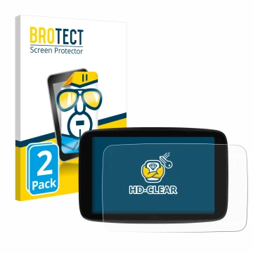 Parte frontal de un envase de producto con el logotipo de la marca BROTECT. Al lado se muestra el dispositivo TomTom GO Superi