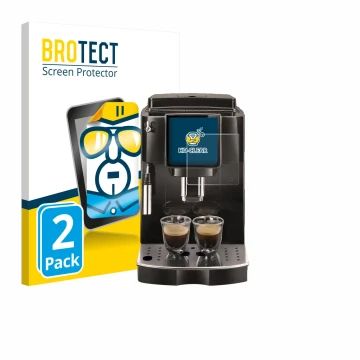 Parte frontal de un envase de producto con el logotipo de la marca BROTECT. Al lado se muestra el dispositivo DeLonghi Magnifi