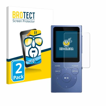 Parte frontal de un envase de producto con el logotipo de la marca BROTECT. Al lado se muestra el dispositivo Sony Walkman NW-