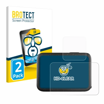 Parte frontal de un envase de producto con el logotipo de la marca BROTECT. Al lado se muestra el dispositivo GoPro Hero 12 Bl