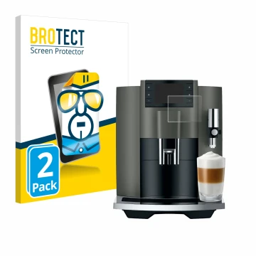 Parte frontal de un envase de producto con el logotipo de la marca BROTECT. Al lado se muestra el dispositivo Jura E8 (EC) con