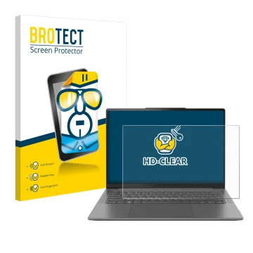 Parte frontal de un envase de producto con el logotipo de la marca BROTECT. Al lado se muestra el dispositivo Lenovo Yoga Pro 