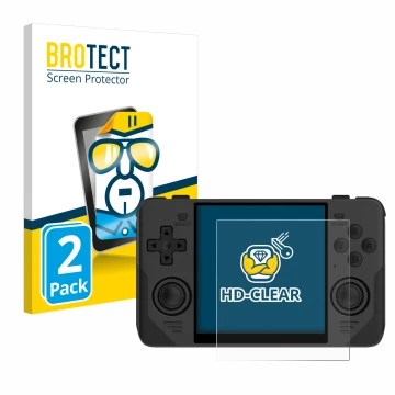 Parte frontal de un envase de producto con el logotipo de la marca BROTECT. Al lado se muestra el dispositivo Powkiddy RGB30 c