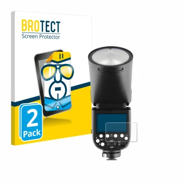 Parte frontal de un envase de producto con el logotipo de la marca BROTECT. Al lado se muestra el dispositivo Godox V1 con su 