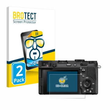 Parte frontal de un envase de producto con el logotipo de la marca BROTECT. Al lado se muestra el dispositivo Sony Alpha 7CR c