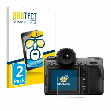 Parte frontal de un envase de producto con el logotipo de la marca BROTECT. Al lado se muestra el dispositivo Fujifilm GFX100 