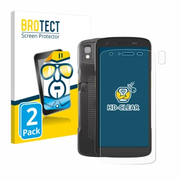 Parte frontal de un envase de producto con el logotipo de la marca BROTECT. Al lado se muestra el dispositivo Zebra TC27 (Fron