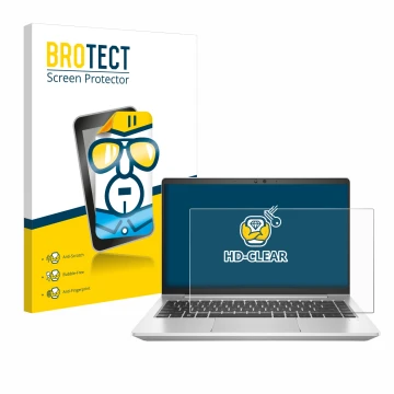 Parte frontal de un envase de producto con el logotipo de la marca BROTECT. Al lado se muestra el dispositivo HP EliteBook 645