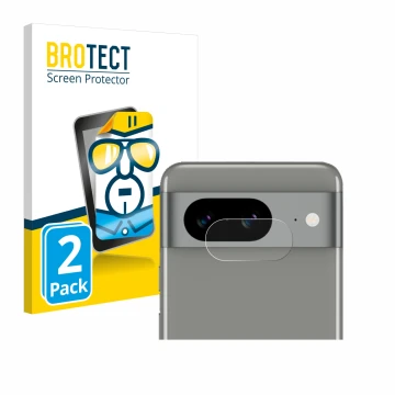 Parte frontal de un envase de producto con el logotipo de la marca BROTECT. Al lado se muestra el dispositivo Google Pixel 8 (