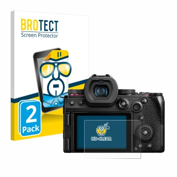 Parte frontal de un envase de producto con el logotipo de la marca BROTECT. Al lado se muestra el dispositivo Panasonic Lumix 