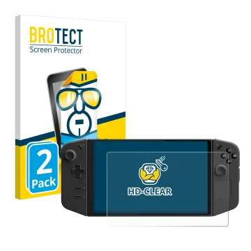 Parte frontal de un envase de producto con el logotipo de la marca BROTECT. Al lado se muestra el dispositivo Lenovo Legion Go