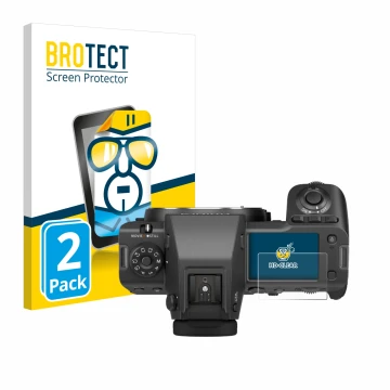 Parte frontal de un envase de producto con el logotipo de la marca BROTECT. Al lado se muestra el dispositivo Fujifilm GFX100 