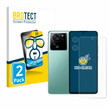 Parte frontal de un envase de producto con el logotipo de la marca BROTECT. Al lado se muestra el dispositivo Xiaomi 13T (Fron