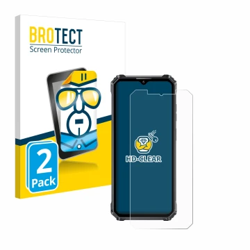 Parte frontal de un envase de producto con el logotipo de la marca BROTECT. Al lado se muestra el dispositivo Oukitel WP28 con