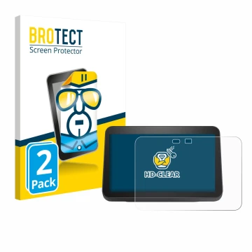 Parte frontal de un envase de producto con el logotipo de la marca BROTECT. Al lado se muestra el dispositivo Amazon Echo Show