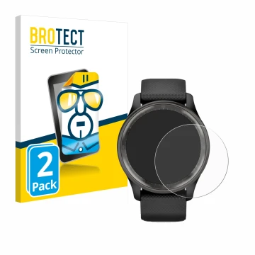 Parte frontal de un envase de producto con el logotipo de la marca BROTECT. Al lado se muestra el dispositivo Garmin Vivomove 