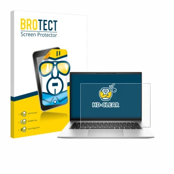 Parte frontal de un envase de producto con el logotipo de la marca BROTECT. Al lado se muestra el dispositivo HP EliteBook 845