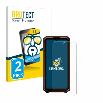 Parte frontal de un envase de producto con el logotipo de la marca BROTECT. Al lado se muestra el dispositivo Hotwav Cyber 13 