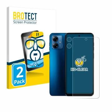 Parte frontal de un envase de producto con el logotipo de la marca BROTECT. Al lado se muestra el dispositivo Motorola Moto G1