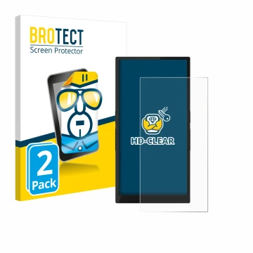 Parte frontal de un envase de producto con el logotipo de la marca BROTECT. Al lado se muestra el dispositivo Hiby R6 Pro II (