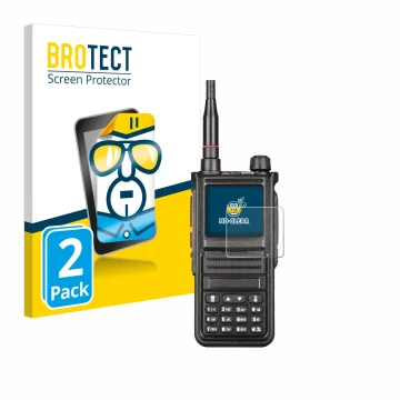 Parte frontal de un envase de producto con el logotipo de la marca BROTECT. Al lado se muestra el dispositivo Radtel RT-470X c