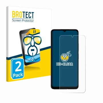 Parte frontal de un envase de producto con el logotipo de la marca BROTECT. Al lado se muestra el dispositivo Xiaomi Poco C65 