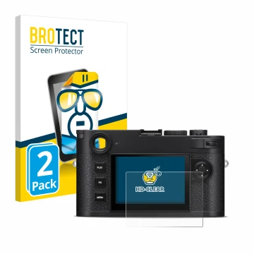 Parte frontal de un envase de producto con el logotipo de la marca BROTECT. Al lado se muestra el dispositivo Leica M11-P con 