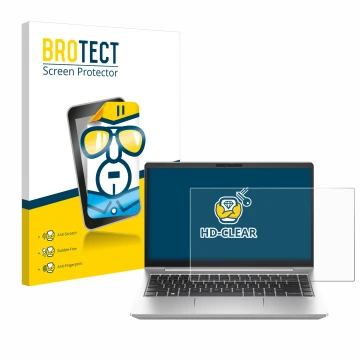 Parte frontal de un envase de producto con el logotipo de la marca BROTECT. Al lado se muestra el dispositivo HP ProBook 445 G