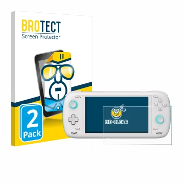 Parte frontal de un envase de producto con el logotipo de la marca BROTECT. Al lado se muestra el dispositivo AYN Odin 2 con s